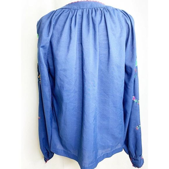 Vtg Hand Embroidered Floral Peasant Top  Rich Blue - Picture 7 of 8